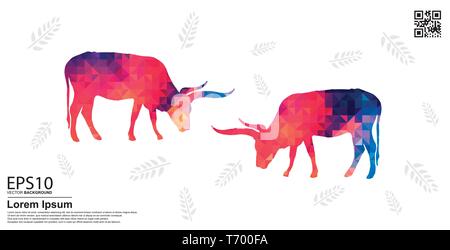 Colorful texas longhorn and tropical leaf pattern background. Stock Vector