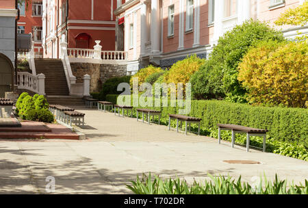 The paved stepped road in a beautiful park passes through a green lawn with ornamental trees, framed on both sides by cut bushes and benches for rest Stock Photo