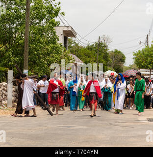 Way of the cross in Halacho, Campeche,  Mexico. It is also called via crusis, and it is celebrated during good Friday. Stock Photo