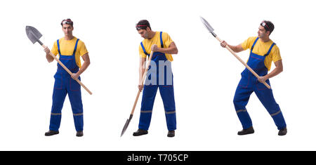 Contractor in blue coveralls with spade on white background Stock Photo