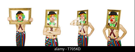 Clown with picture frame isolated on white Stock Photo