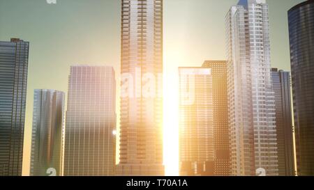 Business skyscrapers at sunset reflected in windows, Bangkok Stock Photo