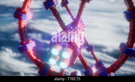 Highly detailed huge spaceship approaching to the Earth. Stock Photo