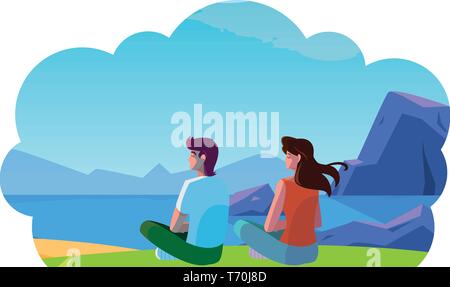 couple contemplating the horizon in the field scene vector illustration design Stock Vector