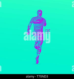 Running man. Emblem for marathon and jogging. 3d model of man. Vector Illustration. Wire connection to virtual reality. Stock Vector