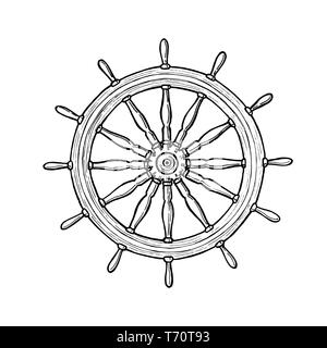 Nautical black helm. Ship steering wheel ink pen sketch on isolated background with engraved elements. Hand drawn illustration. Stock Vector