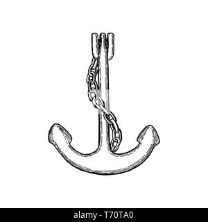 Old Anchor logo icon ink pen sketch. Nautical maritime sea ocean boat illustration symbol. Stock Vector