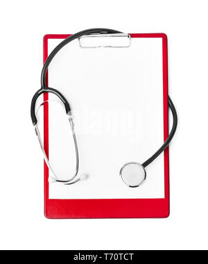 Medical clipboard and a stethoscope isolated on a light blue background ...