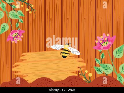 pattern of wooden with bee and flowers vector illustration design Stock Vector
