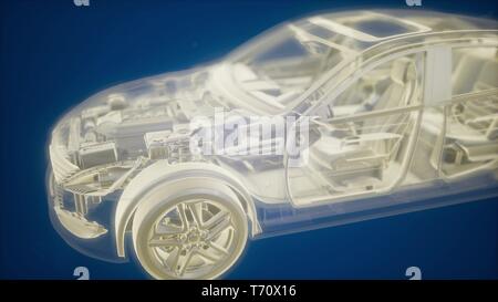 Holographic animation of 3D wireframe car model with engine Stock Photo