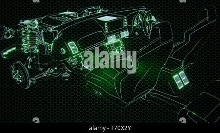 Holographic animation of 3D wireframe car model with engine Stock Photo