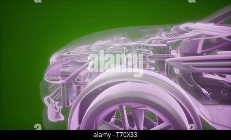 Holographic animation of 3D wireframe car model with engine Stock Photo