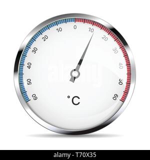 Realistic illustration of a metal round thermometer to measure degrees Celsius of cold and heat. Isolated on white background - vector Stock Vector
