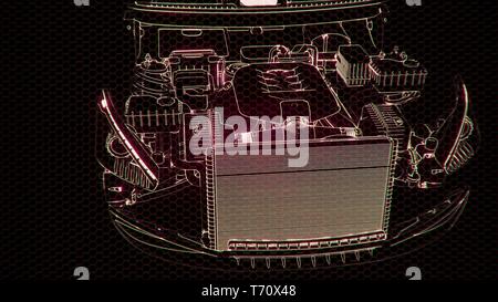 Holographic animation of 3D wireframe car model with engine Stock Photo