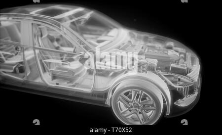 Holographic animation of 3D wireframe car model with engine Stock Photo