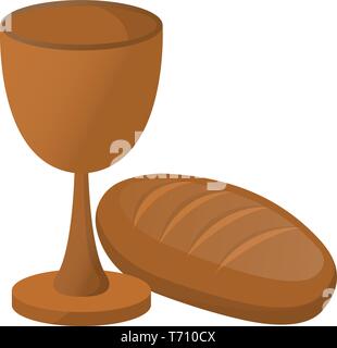 Easter Wine and Bread icon. Happy Easter on white Background. Cartoon style. Vector Illustration. Stock Vector