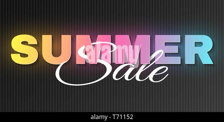 Creative neon text banner for Summer Sale on a black background. Glowing multicolored letters. Special offer. Big discounts. Summer collection. Season Stock Vector
