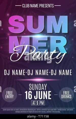 Poster for Summer Party. Abstract glowing neon text banner with flying luminous particles. Dark background with palm trees. Dance night party. The nam Stock Vector