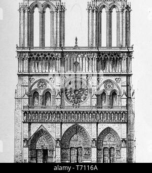 Engraved illustration of the Notre-Dame, medieval Catholic cathedral in Paris, France, from the book 'L'architecture' by Anatole de Baudot, 1916. Courtesy Internet Archive. () Stock Photo