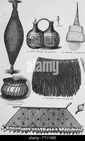 Black and white vintage print, depicting a variety of Guyanese domestic objects: including a woven cassava press or 'Tipiti and Bowl' (left); a clay 'Twin Bottle' to carry water, with earthenware stoppers (top middle); a Warao hat crafted from a palm 'Spathe' (top right); a 'Feather Apron' (middle right); and a beaded apron (bottom) published in John George Wood's volume 'The uncivilized races of men in all countries of the world, being a comprehensive account of their manners and customs, and of their physical, social, mental, moral and religious characteristics', 1877. Courtesy Internet Arch Stock Photo