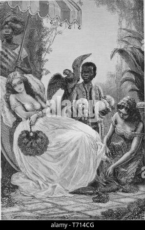 Engraving of a Low-country girl enjoying affection from African-American slaves, from the book 'The Southern states of North America' by Edward King, 1875. Courtesy Internet Archive. () Stock Photo