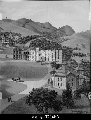 Engraving of the California State University grounds and buildings in Berkeley, Califonia, from the book 'Illustrated album of Alameda County, California' by Jos, 1893. Alex Colquhoun. Courtesy Internet Archive. () Stock Photo