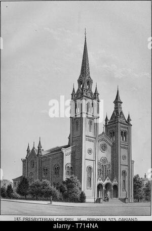 Engraving of the First Presbyterian Church in Oakland, Alameda County, California, from the book 'Illustrated album of Alameda County, California' by Jos, 1893. Alex Colquhoun. Courtesy Internet Archive. () Stock Photo