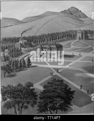 Engraving of the California State University grounds and buildings in Berkeley, Califonia, from the book 'Illustrated album of Alameda County, California' by Jos, 1893. Alex Colquhoun. Courtesy Internet Archive. () Stock Photo