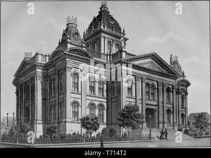 Engraving of the Court House in Oakland, Alameda County, California, from the book 'Illustrated album of Alameda County, California' by Jos, 1893. Alex Colquhoun. Courtesy Internet Archive. () Stock Photo