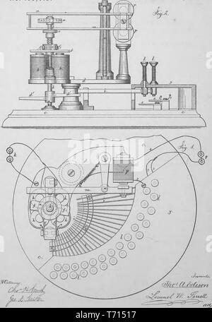 Engraved patent 'Improvement in Electrical Printing-Machines' by Thomas A Edison, from the book 'Collection of United States patents granted to Thomas A. Edison', 1869. Courtesy Internet Archive. () Stock Photo