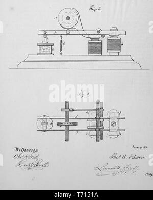 Engraved patent 'Improvement in Printing-Telegraphs' by Thomas A Edison, from the book 'Collection of United States patents granted to Thomas A. Edison', 1869. Courtesy Internet Archive. () Stock Photo