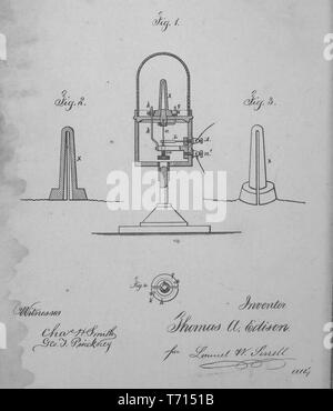 Engraved patent 'Improvement in Electric Lights' by Thomas A Edison, from the book 'Collection of United States patents granted to Thomas A. Edison', 1869. Courtesy Internet Archive. () Stock Photo