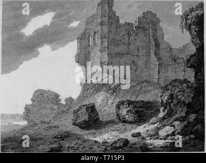 Engraving of the ruins of the Peel Castle on the Isle of Man, from the book 'Antiquities of Great Britain' by William Byrne and Thomas Hearne, 1825. Courtesy Internet Archive. () Stock Photo