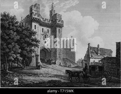 Engraving of the Lancaster Castle in Lancashire, England, from the book 'Antiquities of Great Britain' by William Byrne and Thomas Hearne, 1825. Courtesy Internet Archive. () Stock Photo