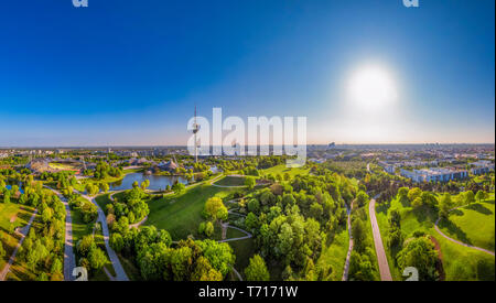 Olympic Area, park with olympic lake and television tower, Olympiaturm, Theatron, Olympiapark, Munich, Upper Bavaria, Bavaria, Germany, Europe Stock Photo