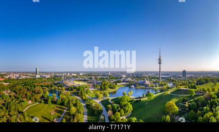 Olympic Area, park with olympic lake and television tower, Olympiaturm, Theatron, Olympiapark, Munich, Upper Bavaria, Bavaria, Germany, Europe Stock Photo