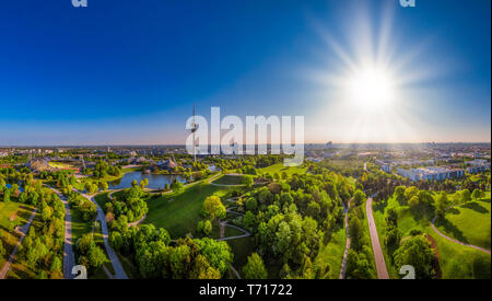 Olympic Area, park with olympic lake and television tower, Olympiaturm, Theatron, Olympiapark, Munich, Upper Bavaria, Bavaria, Germany, Europe Stock Photo