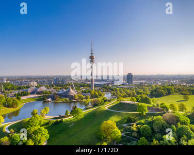 Olympic Area, park with olympic lake and television tower, Olympiaturm, Theatron, Olympiapark, Munich, Upper Bavaria, Bavaria, Germany, Europe Stock Photo