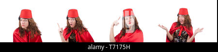 Woman wearing fez hat isolated on white Stock Photo
