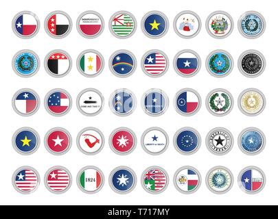 Set of vector icons. Flags and seals of Texas state, USA. 3D illustration. Stock Vector