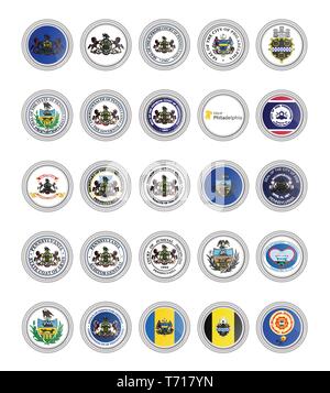 Set of vector icons. Flags and seals of Pennsylvania state, USA. 3D illustration. Stock Vector