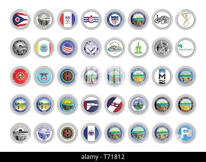 Set of vector icons. Flags and seals of Ohio state, USA. 3D illustration. Stock Vector