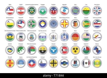 Set of vector icons. Flags of Bahia state, Brazil. 3D illustration. Stock Vector