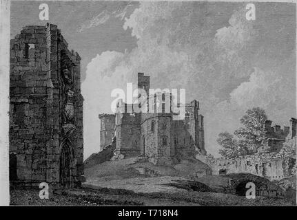 Engraving of the Warkworth Castle in Northumberland, England, from the book 'Antiquities of Great Britain' by William Byrne and Thomas Hearne, 1825. Courtesy Internet Archive. () Stock Photo