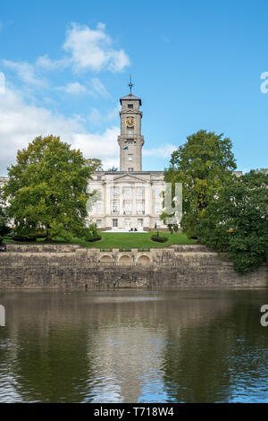 Nottingham University Clock Tower building and boating Lake with blue sky, Nottingham University Gardens, England, UK Stock Photo