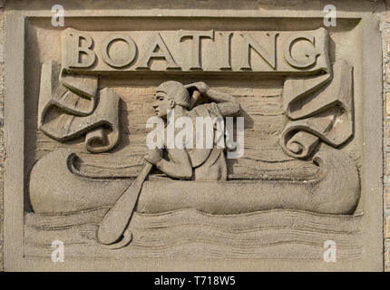 Carved stone masonry boating lake sign at Highfield Park boating lake, Nottingham University Gardens, England, UK Stock Photo