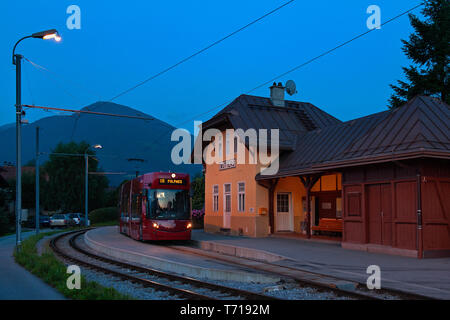 Mutters, Tyrol/ Austria: The Stubai Valley Railway (Stubaitalbahn), a  interurban tram from Innsbruck to Fulpmes, arriving at Mutters Stock Photo
