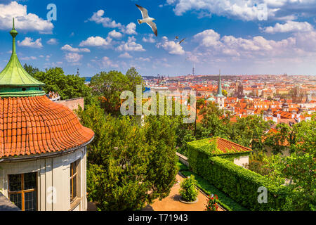 Prague red roofs and dozen spires of historical Old Town of Prague. Birds flying over red rooftops, spires and the Charles Bridge and Vltava River in  Stock Photo