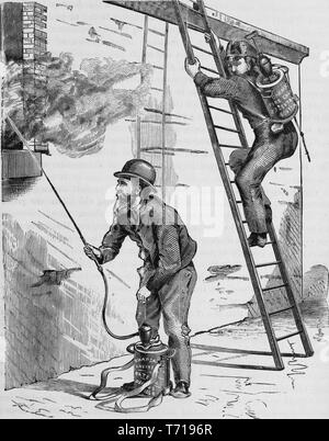 Engraving of two firemen at work, from the book 'Industrial history of the United States, from the earliest settlements to the present time' by Albert Sidney Bolles, 1878. Courtesy Internet Archive. () Stock Photo