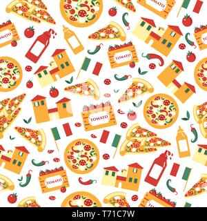 Seamless pattern of pizza slices with ingredients. Bright seamless background of vector slices of pizza in a flat style with italian landscape. Stock Vector